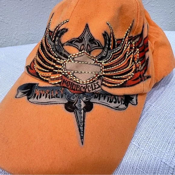 Harley-Davidson Vibrant Orange Hat with Winged Logo Rhinestones Adjustable Cap - Picture 2 of 8
